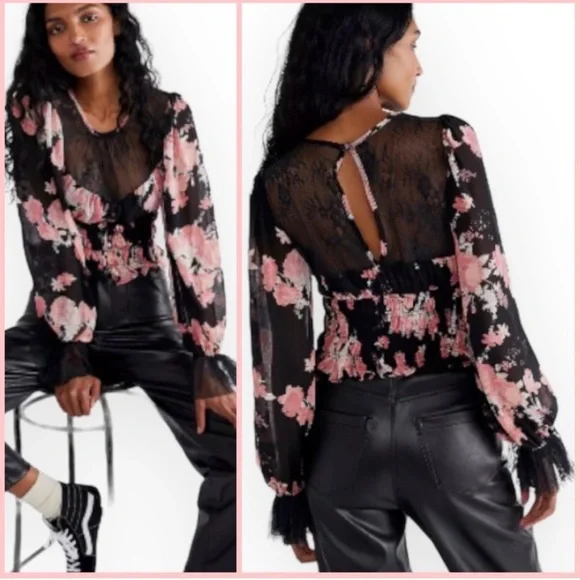 Free People New Floral & Lace Cropped Blouse/Top Black Pink Peach M - Picture 1 of 10